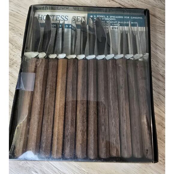 Vintage Hostess Set Walnut & Stainless Steel Appetizer Utensil Set. Made in USA - Picture 1 of 7